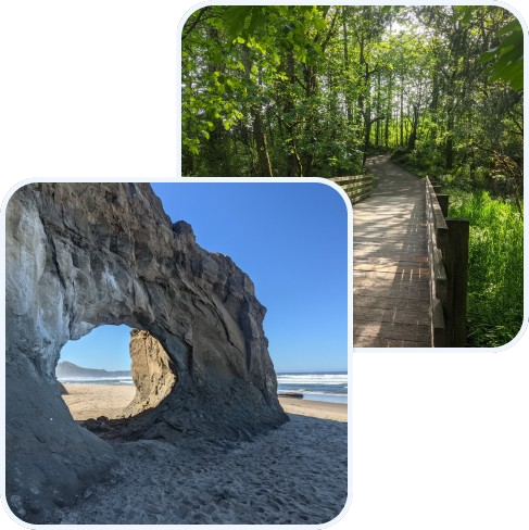 Two pictures: a circular rock formation on the Oregon beach, and a forested trail at Round Lake WA