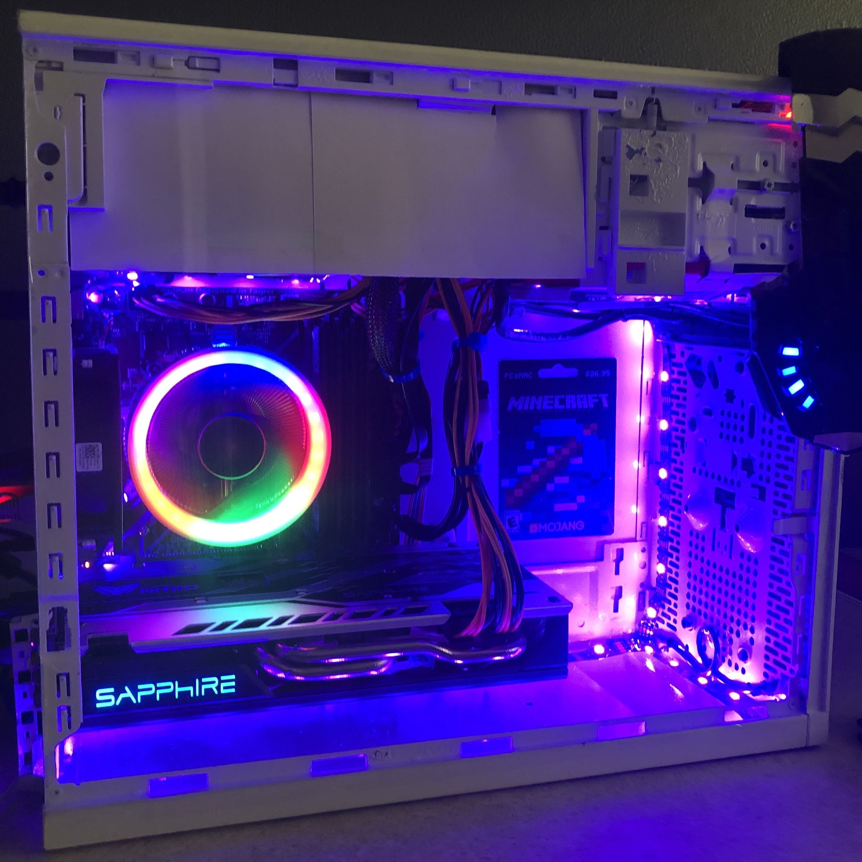 A colorful gaming computer glowing purple