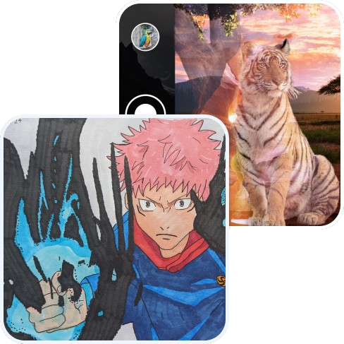 Two pictures: A drawing of an Anime character, and an image collage featuring a tiger and a tree.