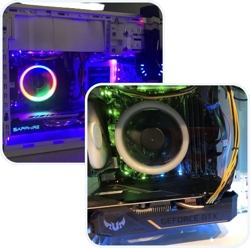 Two pictures: A colorful gaming computer glowing purple, and another glowing green