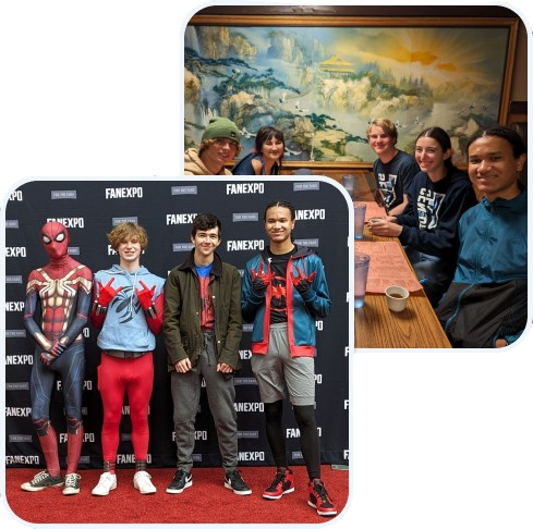 Two pictures: Isaiah and friends dressed as Spiderman characters, and them eating Chinese food