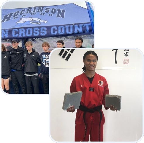 Two pictures: Isaiah posing in a Taekwondo uniform, and him with the Cross Country team